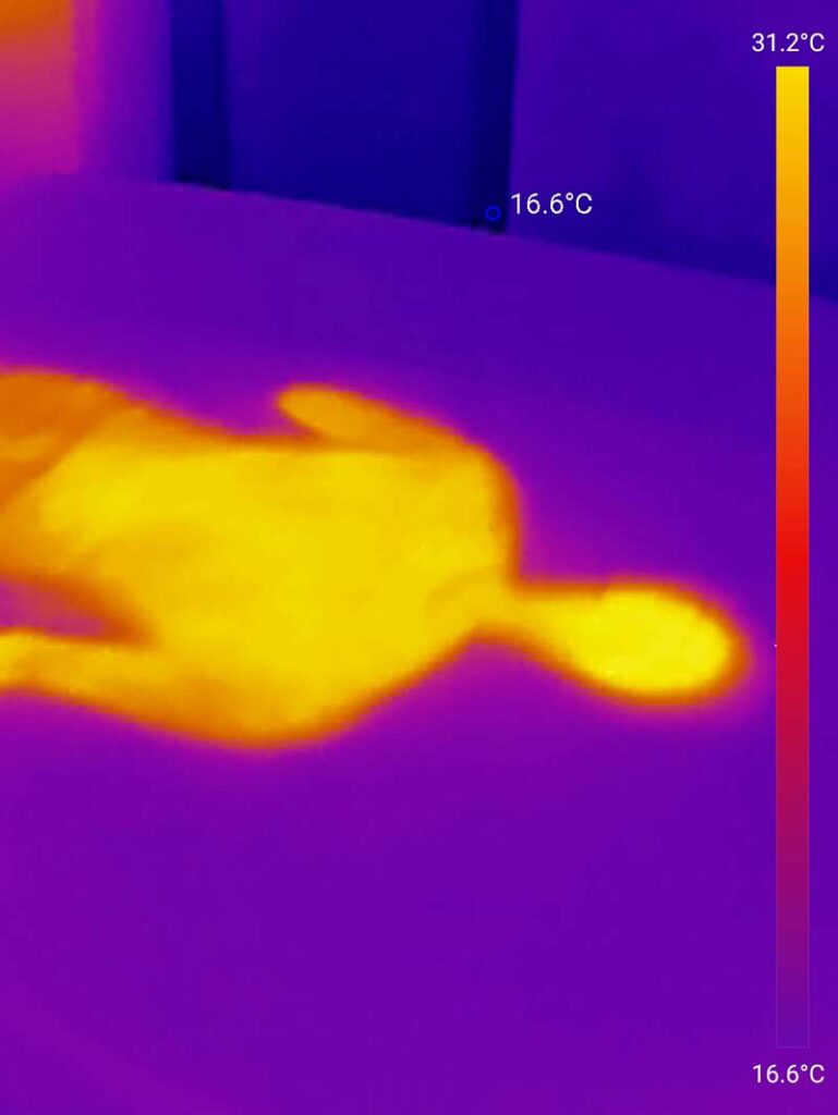 Dieses Bild zeigt die Temperatur der Akrehamn Matratze, direkt nachdem Tester aufstand