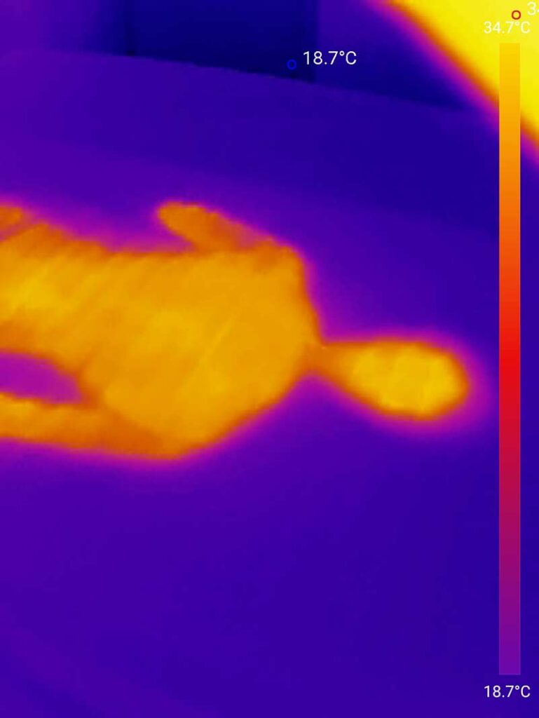 Dieses Bild zeigt die Temperatur der Aldi TRAUMNACHT SELECTION Kaltschaummatratze Komfort 2-in-1 Duo, direkt nachdem Tester aufstand