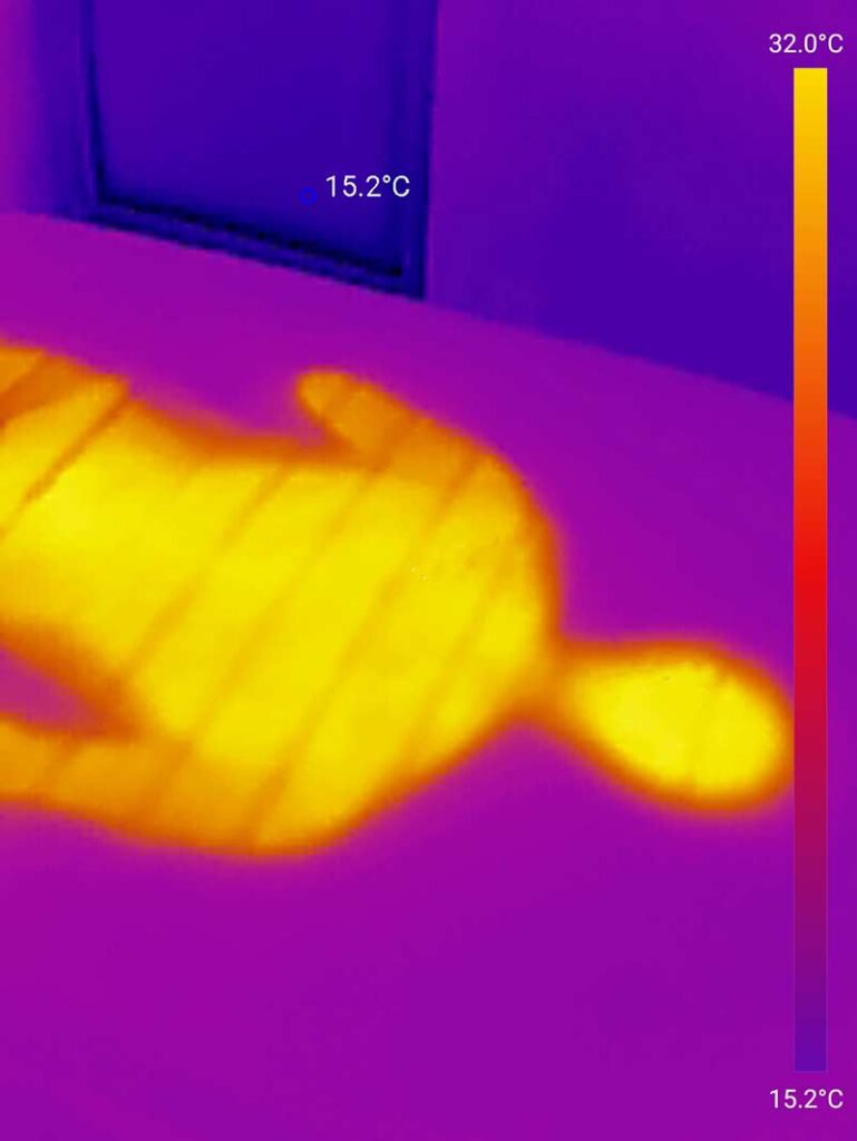 Dieses Bild zeigt die Temperatur der Bett1 Bodyguard Matratze, direkt nachdem Tester aufstand